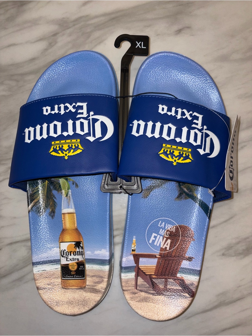 Corona Extra Beach Sandals Slide Shoes Size XL 13 Beer Graphic Blue NWT